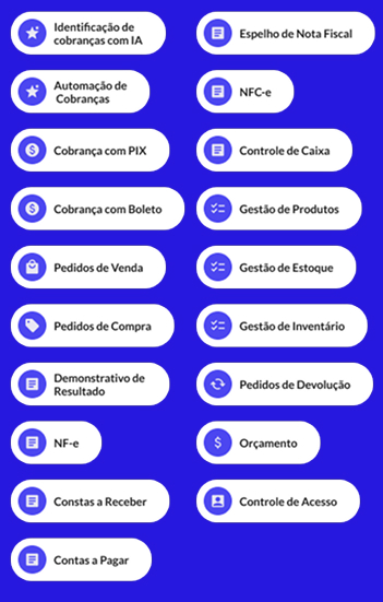 ERP Completo: Todas as Funcionalidades para Otimizar Seus Processos Empresariais Conjunto de funcionalidades de ERP incluindo cobranças, gestão financeira, estoque, vendas, notas fiscais e automação de processos.