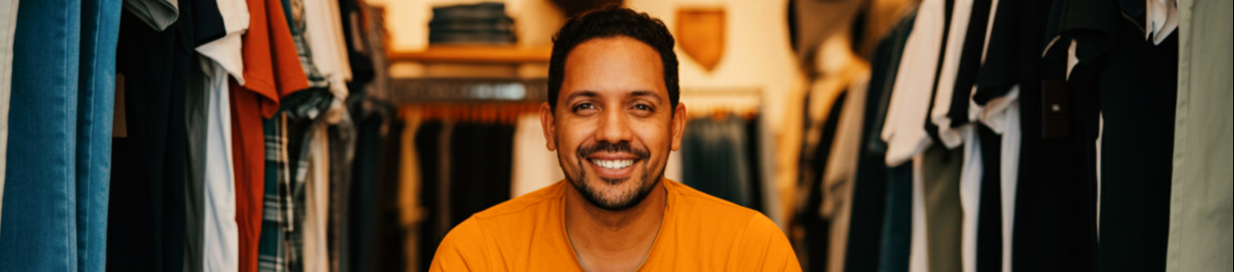 Homem utilizando sistema ERP para pequenas empresas em loja de roupas com PDV integrado